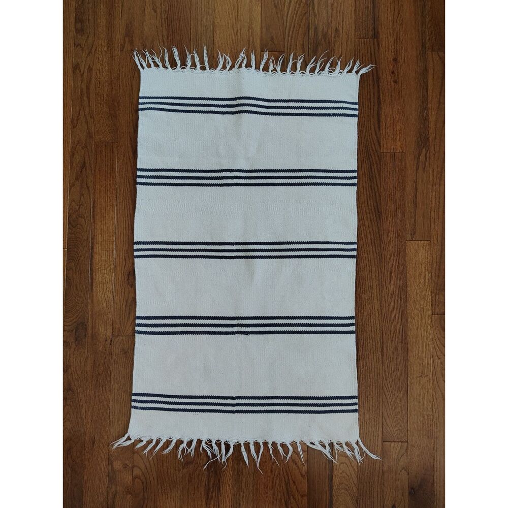 Cream Navy Striped Flatweave Rug Fringe Cotton Coastal Farmhouse